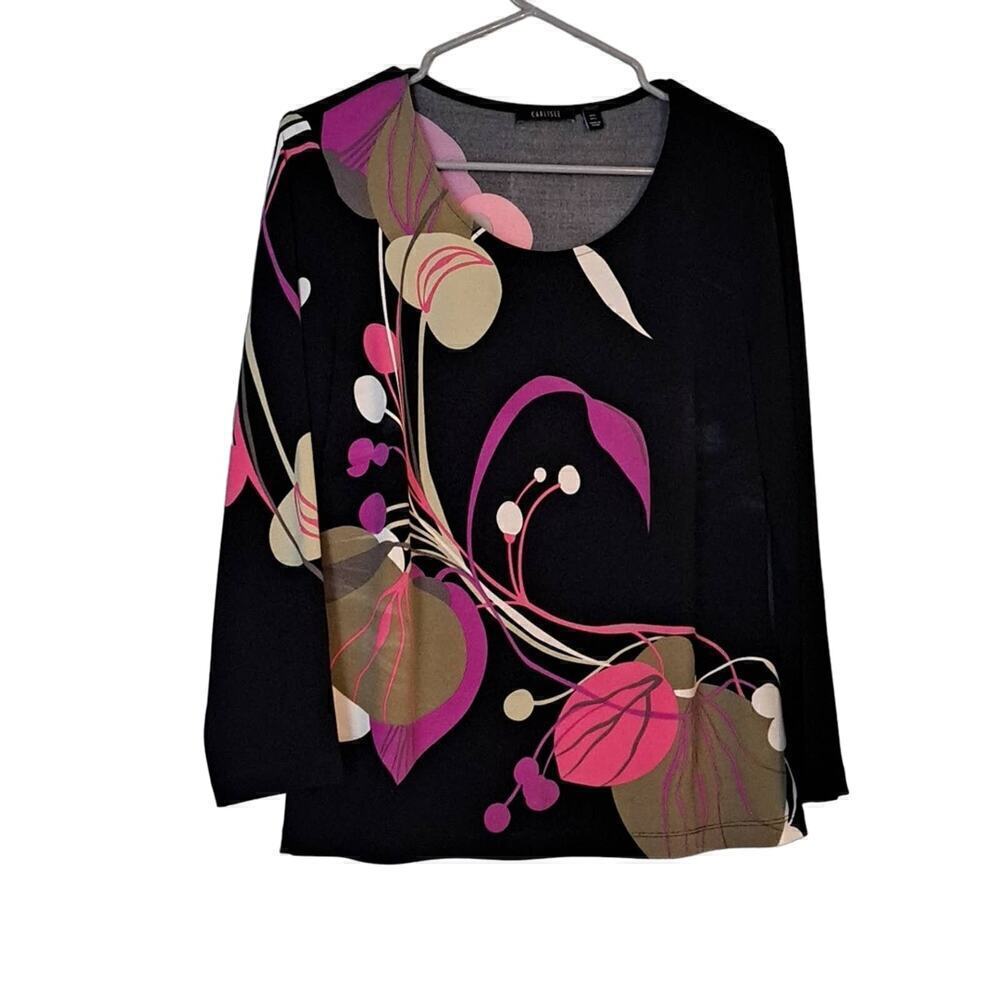 Carlisle Spandex Top Black Pink SZ Large Pin Green Floral on Black